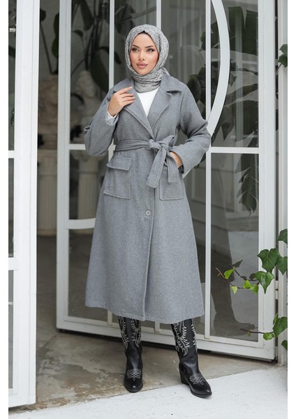 Kapak Detaylı Kaşe Kaban Gri