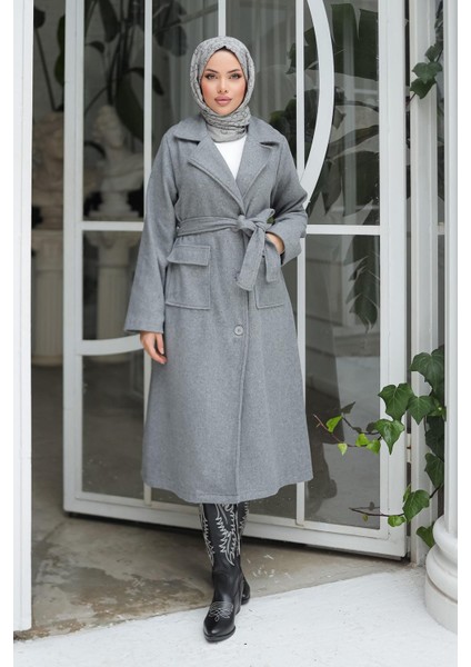 Kapak Detaylı Kaşe Kaban Gri modelleri