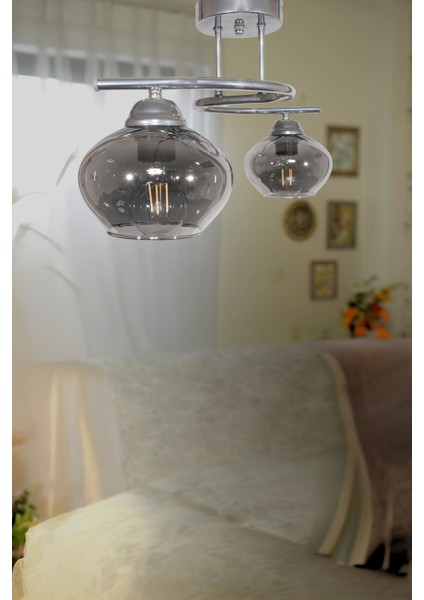 Fuji Modern Dekoratif Krom Renk 2 Li Camlı Avize Salon - Mutfak - Yatak Odası