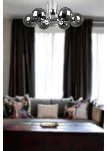 Tanya Modern Tasarım Mutfak - Salon - Yatak Odası - Tavan Krom Renk Füme Camlı 6 Lı Avize