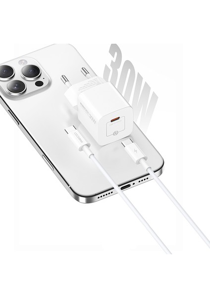RC77E Gan Teknolojili Hızlı Şarj Başlığı Type-C To Type-C Pd 30W Kablolu Şarj Seti Beyaz