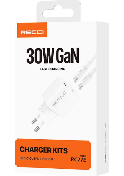 RC77E Gan Teknolojili Hızlı Şarj Başlığı Type-C To Type-C Pd 30W Kablolu Şarj Seti Beyaz