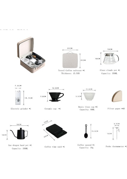 V60 Seyahat Tipi El Yapımı Kahve Seti, Elektrikli Öğütücü, Profesyonel Kahve Elektronik Terazisi ve Prob Termometresi, Üst Düzey Seyahat Deri Çanta