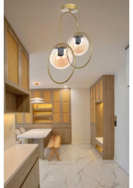 Simon Modern Salon - Mutfak - Yatak Odası - Hol - Eskitme Renk Gövde Bal Camlı 2 Li Avize