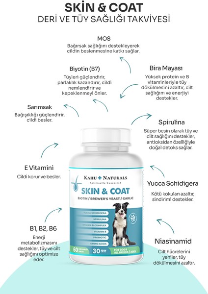 Skin&coat, Deri ve Tüy Sağlığı Takviye, Bira Mayası, Sarımsak, Mos, Spirulina, 60 Tablet fiyatları