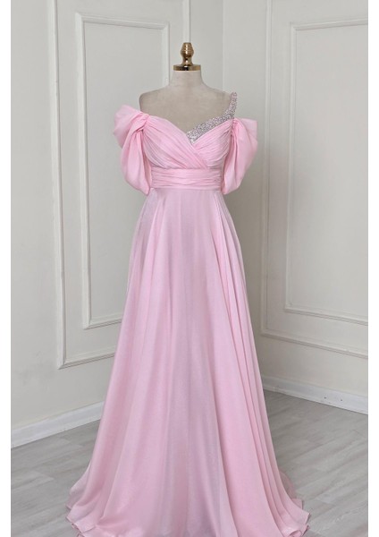 Pembe Drapeli Yaka Taşlı Abiye 8355