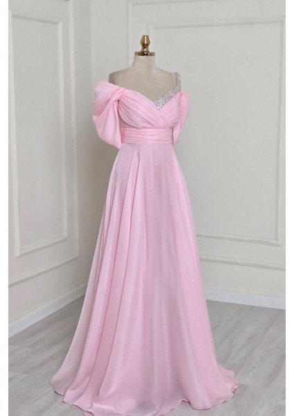 Pembe Drapeli Yaka Taşlı Abiye 8355