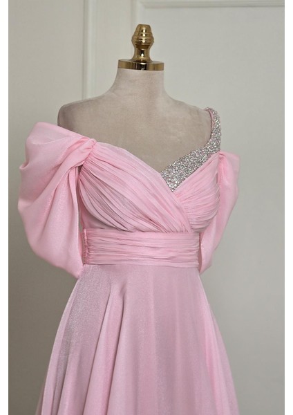 Pembe Drapeli Yaka Taşlı Abiye 8355