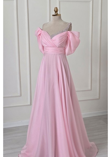 Pembe Drapeli Yaka Taşlı Abiye 8355