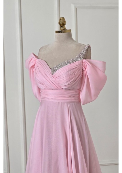 Pembe Drapeli Yaka Taşlı Abiye 8355