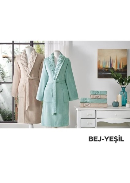 %60 Bambu %40 Pamuk Aile Bornoz Seti-Fiore Line Bej Yeşil