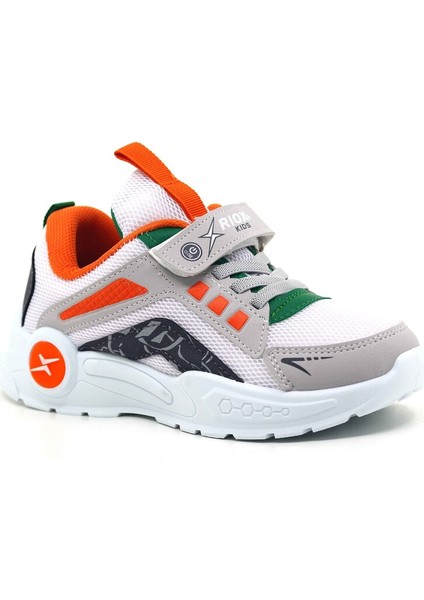 Çocuk Spor Ayakkabısı, Cırtlı, Beyaz-Turuncu-Yeşil, Hafif Mesh Tasarım TARZFOR2025