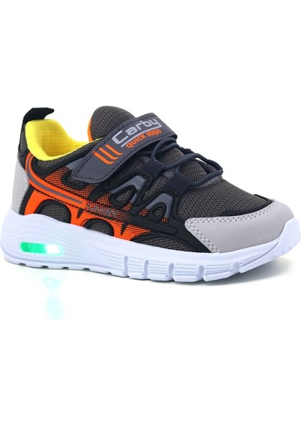Işıklı Cırtlı Çocuk Spor Ayakkabı Füme - Siyah - Buz - Turuncu TARZBY139