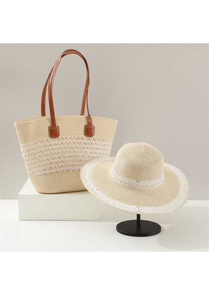 Outdoor Travel Large Capacity Straw Bag Straw Hat Two-Piece Set (Yurt Dışından)