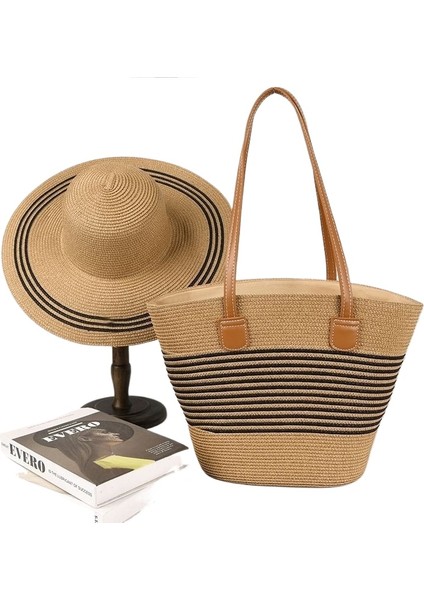 Dış Mekan Için Büyük Kapasiteli Hasır Çanta ve Hasır Şapkadan Oluşan Iki Parçalı Set (Yurt Dışından)