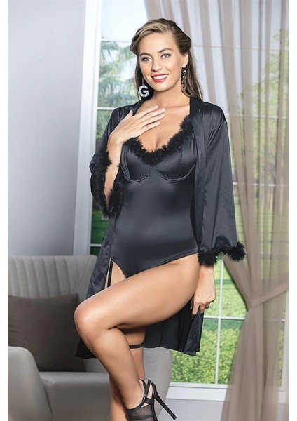 Kuşaklı Mini Boy Saten Sabahlık Siyah (BRF11500)