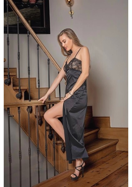 Dantelli Uzun Yırbrfaçlı Saten Gecelik Elbise String Takım Siyah (BRF31512)