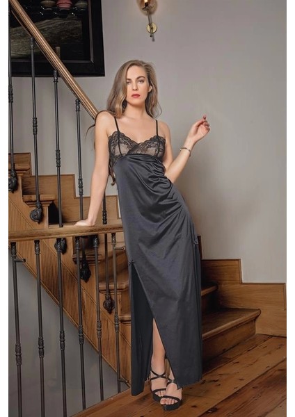 Dantelli Uzun Yırbrfaçlı Saten Gecelik Elbise String Takım Siyah (BRF31512) modelleri