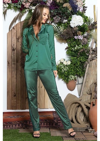 3 Parça Gecelik Seti ; Gömlek, Bralet Sütyen ve Pantolon Takım Zümrüt (BRF31726)