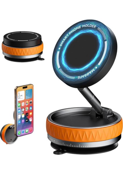 Vakumlu Katlanır Araç Telefon Tutucu Turuncu- Ayna-Cam-Masa Uyumlu Manyetik Magsafe Özellikli