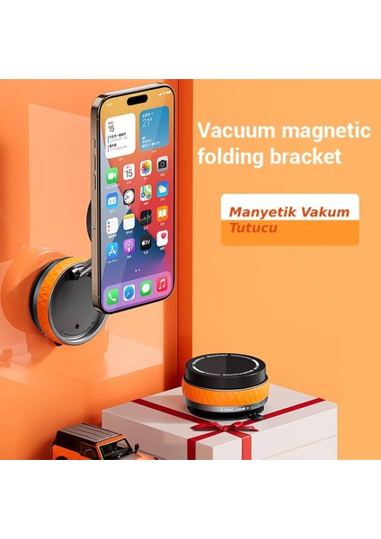 Vakumlu Katlanır Araç Telefon Tutucu Turuncu- Ayna-Cam-Masa Uyumlu Manyetik Magsafe Özellikli modelleri