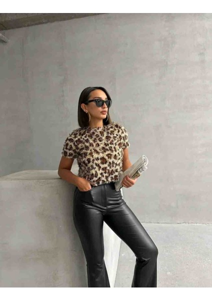 Kadin Leopar Pullu Püsküllü Dokuma T-Shirt indirimleri