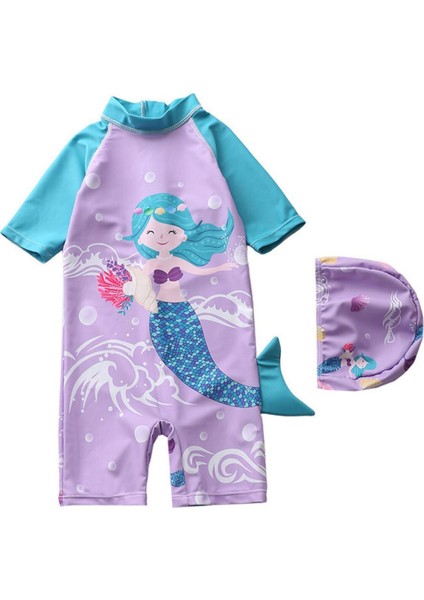 Güneş Korumalı Kısa Kollu Mermaid Denizkızı Desenli Kız Çocuk Mayo Upf Kız Çocuk Mayo