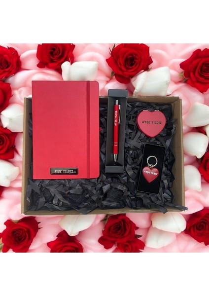 🎁 Kişiye Özel Termo Deri Kenar Boyalı Defter&tükenmez Kalem&kalp Anahtarlık&kalp Ayna Hediye Set 🎁