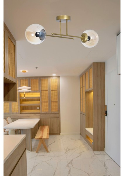 Beyza Modern Tasarım Yatak Odası - Salon - Hol - Mutfak Eskitme Renk Bal Camlı 2 Li Avize
