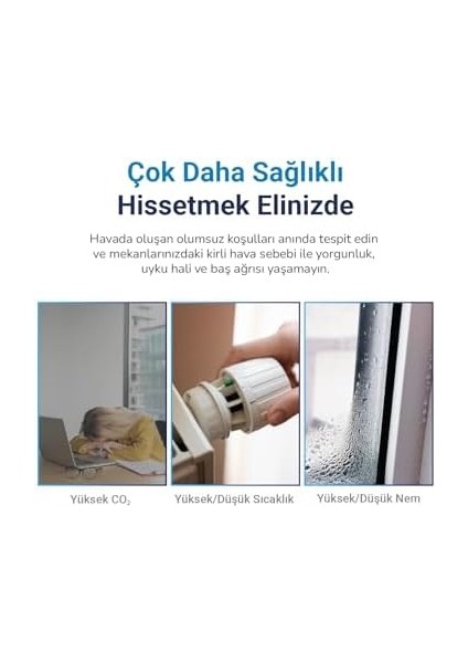Wi-Fi Hava Kalitesi Sensörü, Karbondioksit Göstergesi, Sıcaklık ve Nem Ölçer, Uygulama ile Anında Bildirim