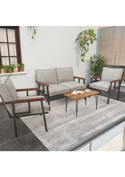 Modern Serisi Balkon, Bahçe, Cafe - Metal Kanepe Koltuk Takımı - 2+1+1 Sehpalı - Krem