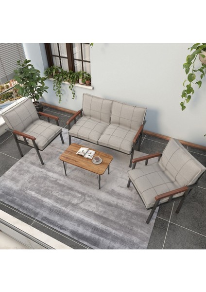 Modern Serisi Balkon, Bahçe, Cafe - Metal Kanepe Koltuk Takımı - 2+1+1 Sehpalı - Krem