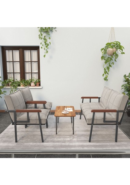 Modern Serisi Balkon, Bahçe, Cafe - Metal Kanepe Koltuk Takımı - 2+1+1 Sehpalı - Krem