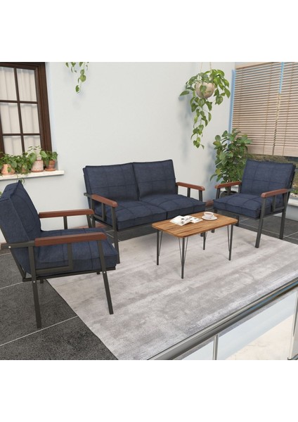 Modern Serisi Balkon, Bahçe, Cafe - Metal Kanepe Koltuk Takımı - 2+1+1 Sehpalı - Lacivert