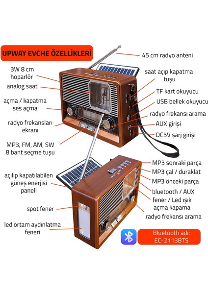 Güneş Enerjili Fenerli Şarjlı Retro Bluetooth Hoparlör Fm Am Sw Nostaljik Acil Durum Radyosu