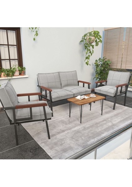Modern Serisi Balkon, Bahçe, Cafe - Metal Kanepe Koltuk Takımı - 2+1+1 Sehpalı - Açık Gri