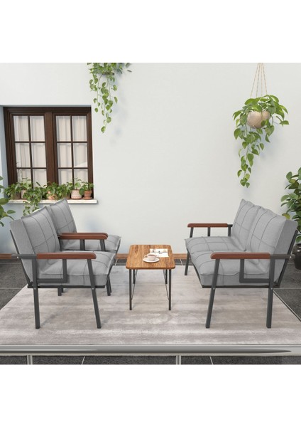 Modern Serisi Balkon, Bahçe, Cafe - Metal Kanepe Koltuk Takımı - 2+1+1 Sehpalı - Açık Gri
