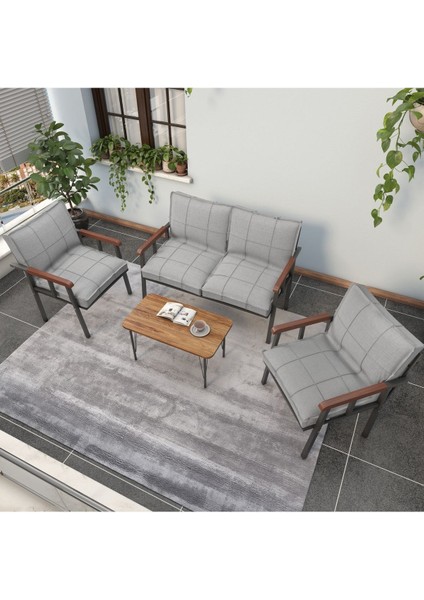 Modern Serisi Balkon, Bahçe, Cafe - Metal Kanepe Koltuk Takımı - 2+1+1 Sehpalı - Açık Gri