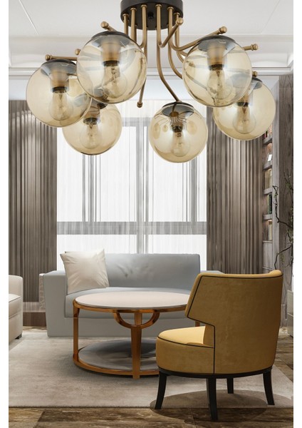 Edin 6lı Siyah Eskitme Bal Camlı Modern Genç Odası Yatak Odası Salon Avize