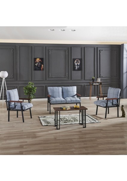 Modern Serisi Balkon, Bahçe, Cafe - Metal Kanepe Koltuk Takımı - 2+1+1 Sehpalı - Turkuaz