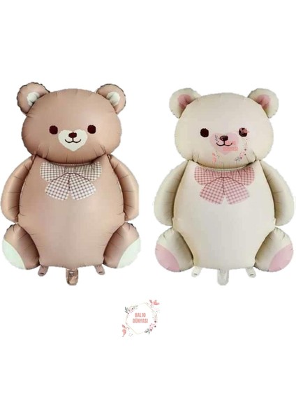 BAL10 Retro Karamel ve Krem 2'li Papyonlu Ayı Folyo Balon