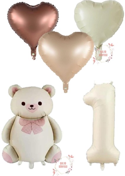 Krem Renk Rakam Ayıcıklı ve Kalpli Folyo Balon Seti Yaş 1