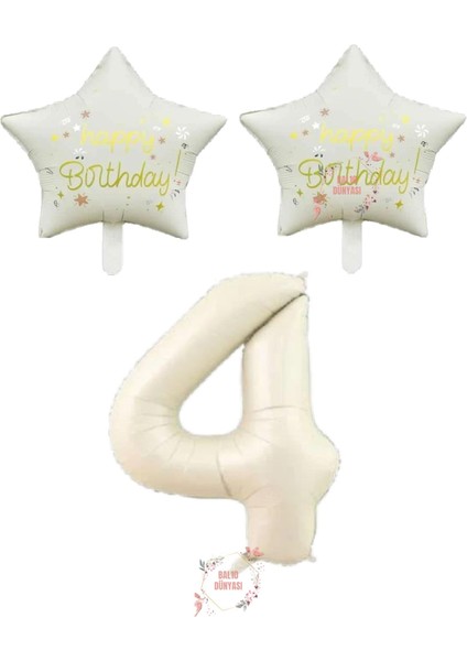 Bej Rakam ve Happy Bırthday Yazılı Yıldız Folyo Balon Seti Yaş 4