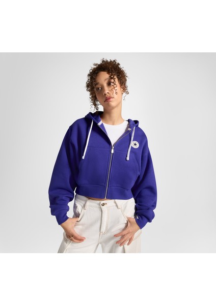 Classic Kadın Mavi Fermuarlı Hoodie