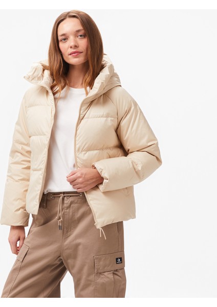 Fashion Short Down Kadın Kapüşonlu Krem Ceket