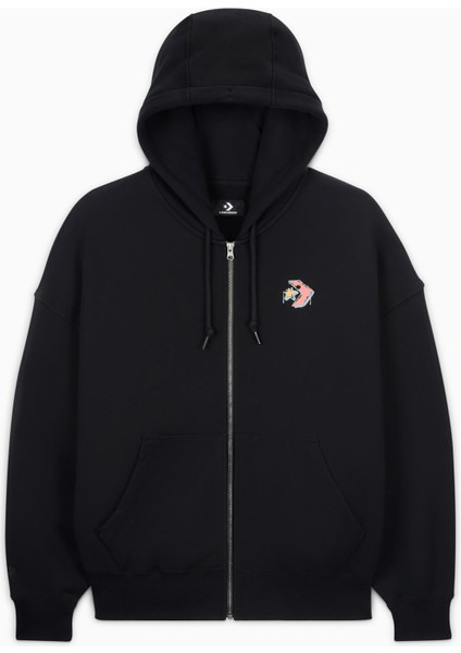 Classic Kadın Oversized Fit Fermuarlı Grafik Baskılı Siyah Hoodie