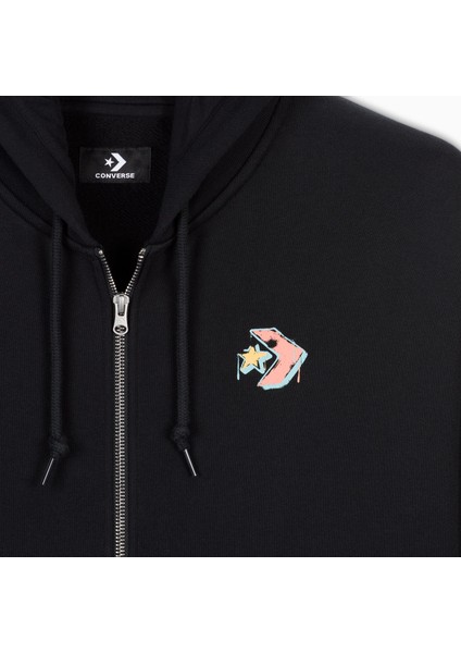 Classic Kadın Oversized Fit Fermuarlı Grafik Baskılı Siyah Hoodie