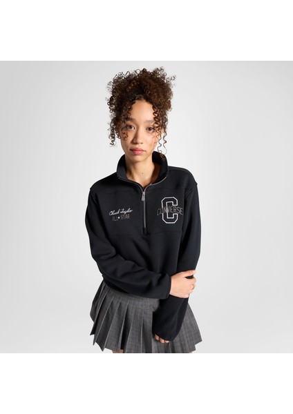 Classic Kadın Yarım Fermuarlı Siyah Sweatshirt