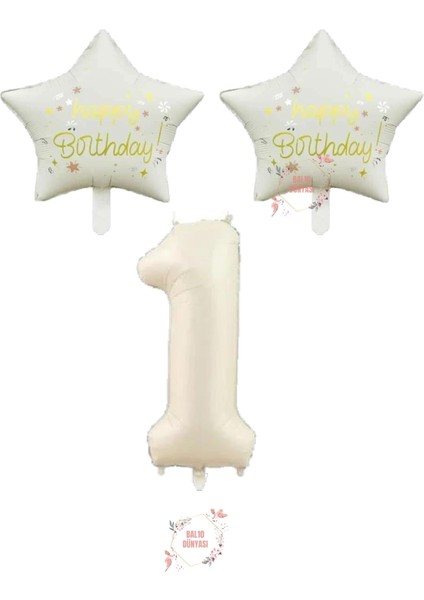 Bej Rakam ve Happy Bırthday Yazılı Yıldız Folyo Balon Seti Yaş 1
