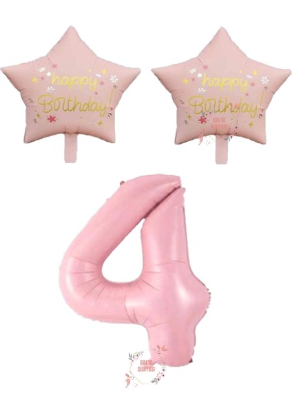 Pembe Renk Rakam ve Happy Bırthday Yazılı Yıldız Folyo Balon Seti Yaş 4